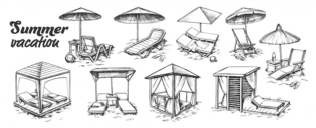 Vector conjunto de muebles de playa para vacaciones de verano
