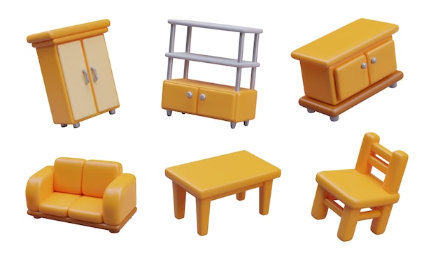 Vector conjunto de muebles vectoriales 3d bonitos estante de armario cofre de cajones sofá mesa silla