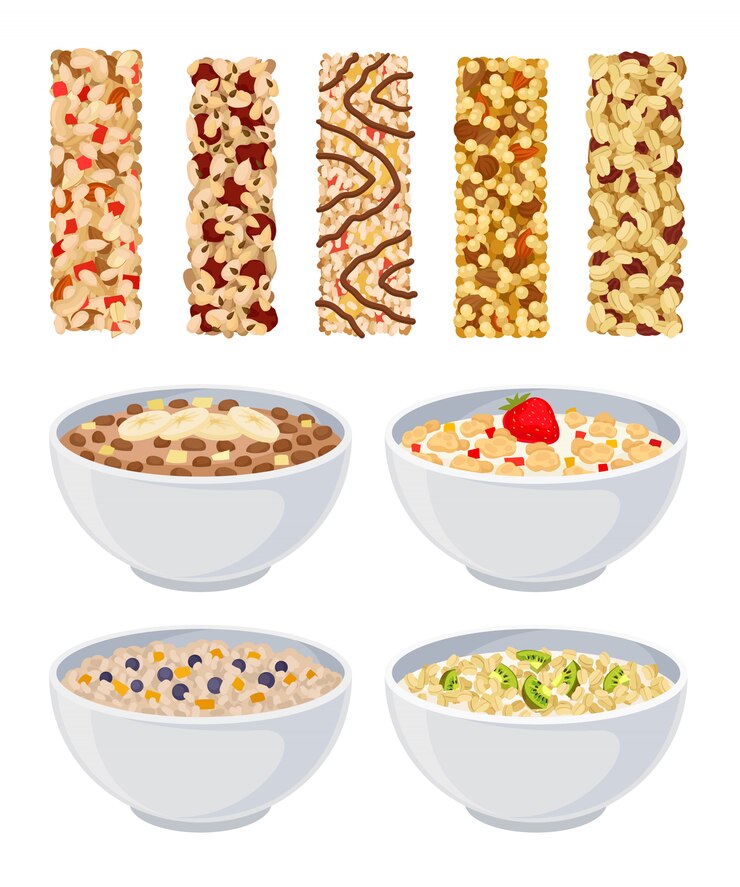 Vector conjunto de muesli seco y en un recipiente con diferentes frutas.