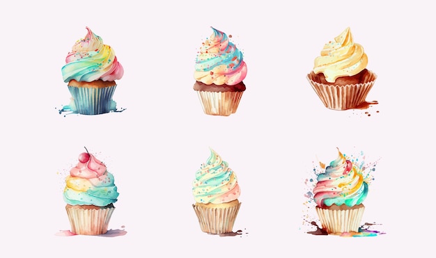 Conjunto de muffins de acuarela Postre pintado en acuarela sobre un fondo rosa Ilustración vectorial