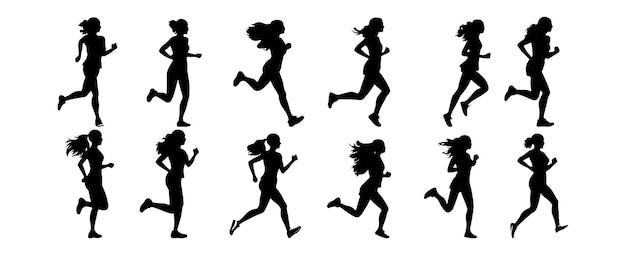 Conjunto de mujer corriendo silueta aislada sobre fondo blanco Deporte correr atleta chica Maratón femenino jogging vector ilustración