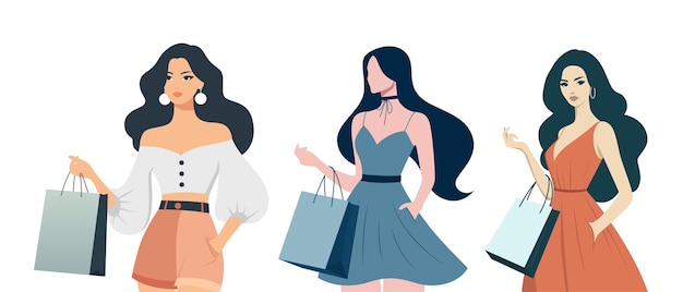 conjunto de mujer después de comprar sosteniendo bolsas de compras ilustración vectorial
