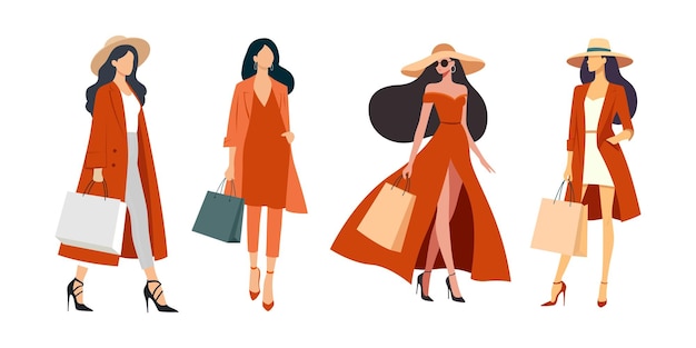 conjunto de mujer después de comprar sosteniendo bolsas de compras ilustración vectorial