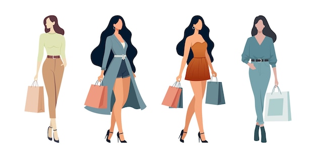 conjunto de mujer después de comprar sosteniendo bolsas de compras ilustración vectorial