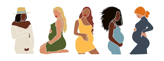 Conjunto de mujer embarazada internacional tocando su vientre. Resumen moderno embarazo maternidad madre.
