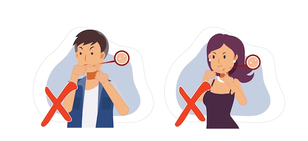 Conjunto de mujer y hombre tratando de hacer estallar un grano en la cara del acné. Está prohibido hacer estallar el acné. ilustración de personaje de dibujos animados de vector plano