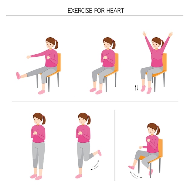 Vector conjunto de mujer joven de pie y cuerpo en movimiento para una buena salud, ejercicio para un corazón sano