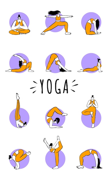 Conjunto de mujer joven sin rostro en varias asanas de yoga vector ilustración plana aislado en backgr blanco