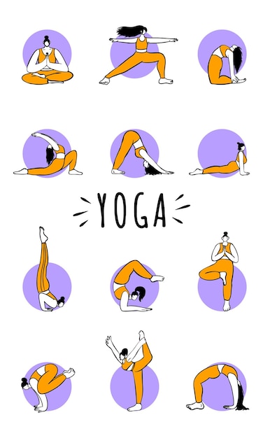 Vector conjunto de mujer joven sin rostro en varias asanas de yoga vector ilustración plana aislado en backgr blanco