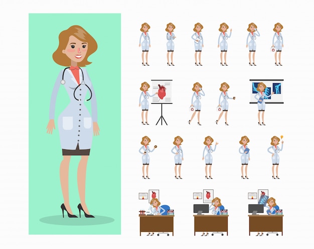 Conjunto de mujer médico. Poses y movimientos, presentaciones y tratamiento.