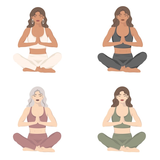 Conjunto de mujer meditando en posición de loto ilustración conceptual para relajación de meditación de yoga