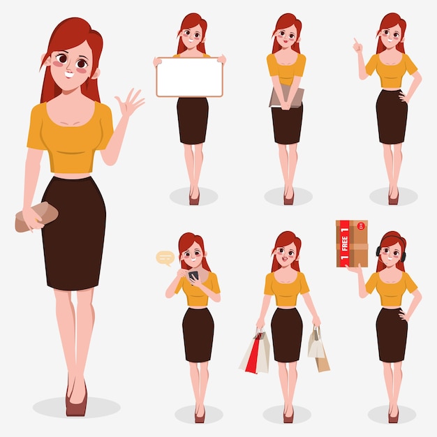 Conjunto de mujer de negocios, personaje, diferencia, pose, plano, caricatura, ilustración, vector, diseño