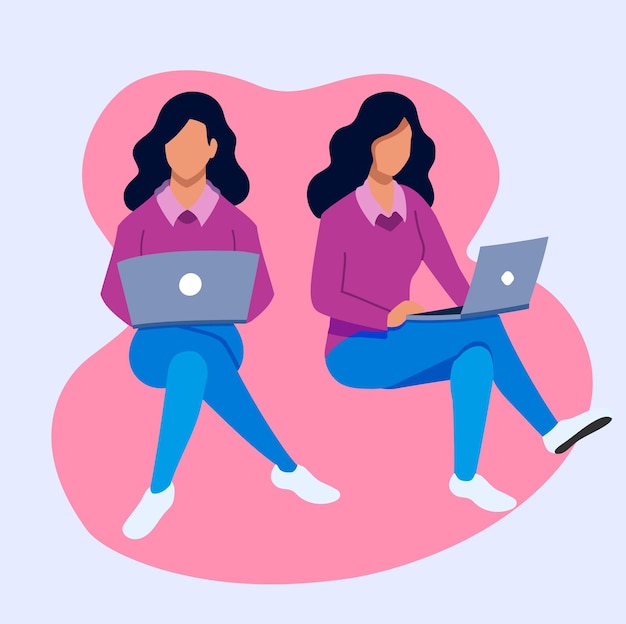conjunto de mujer que trabaja con la computadora portátil