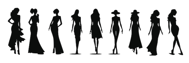 Vector conjunto, de, mujer, siluetas, colección, de, moda, mujer, modelo, silueta, niñas, mujer, sexy, posar, conjunto