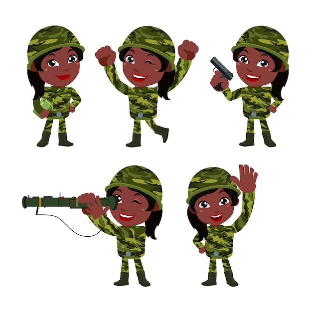 Vector conjunto de mujer de soldados del ejército en uniforme con acción de diferencia