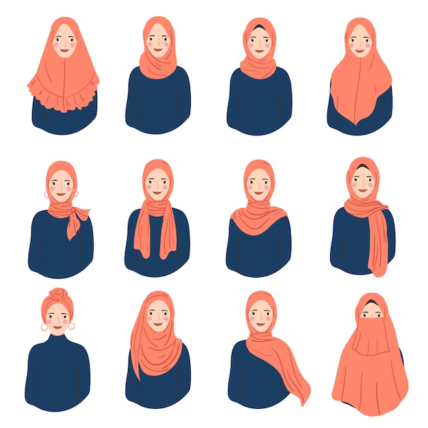 Conjunto de mujer usar hijab estilo de moda. varios avatar de personaje de mujer.