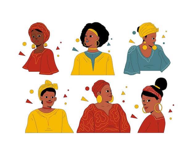 Conjunto de mujeres afroamericanas en ropa tradicional Ilustración vectorial