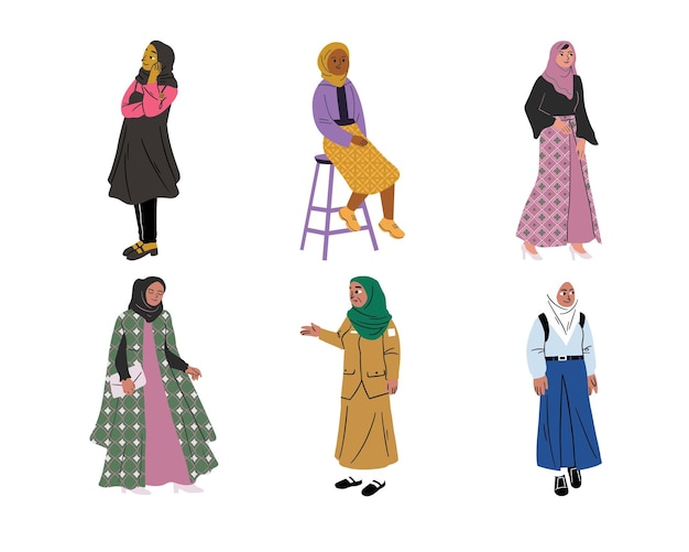 Vector conjunto de mujeres árabes en ropa nacional ilustración de vector de estilo plano