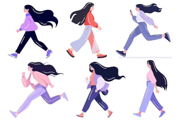 Conjunto de mujeres caminando y corriendo felizmente en estilo plano aislado en el fondo