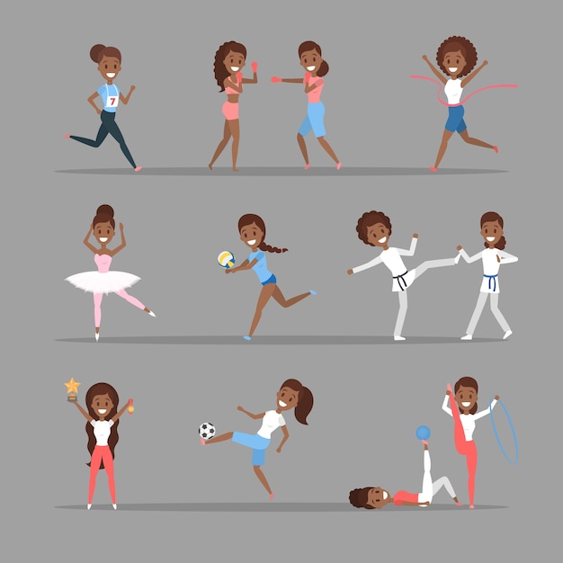 Conjunto de mujeres deportivas. chicas afroamericanas que practican diferentes tipos de deportes: jugar baloncesto, boxeo, correr y ganar la competencia. gimnasia y ballet. ilustración vectorial plana