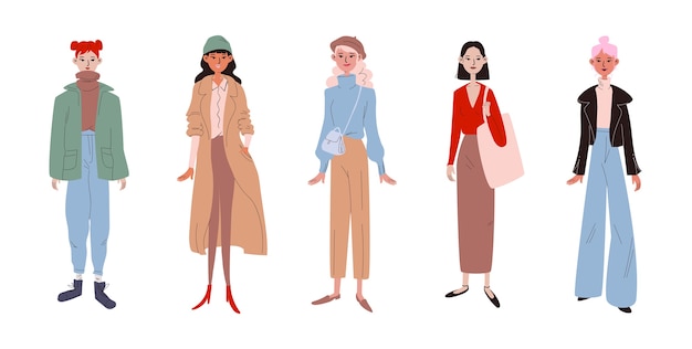 Conjunto de mujeres con estilo de moda vestidas con ropa casual