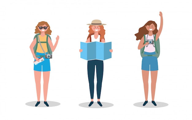conjunto de mujeres con gafas de sol y sombrero con mapa global