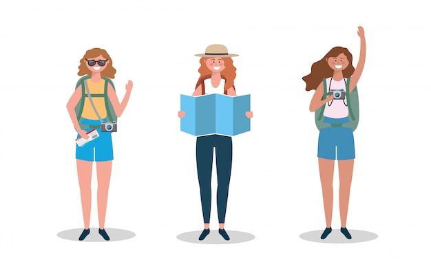 Vector conjunto de mujeres con gafas de sol y sombrero con mapa global