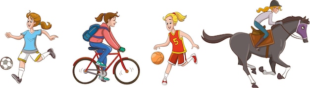 Conjunto de mujeres haciendo diferentes ilustraciones vectoriales deportivas