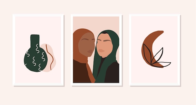 Vector conjunto de mujeres hijab abstractas en estilo minimalista moderno ilustración vectorial de moda vector premium