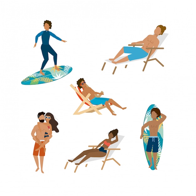 conjunto de mujeres y hombres con bañadores y traje de baño con tabla de surf y silla de bronceado. aislado