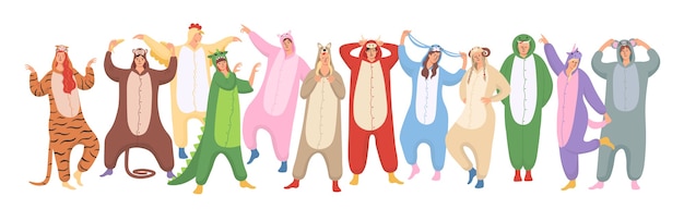 Vector conjunto de mujeres y hombres llevan pijamas de animales en halloween o fiesta de pijamas de año nuevo.