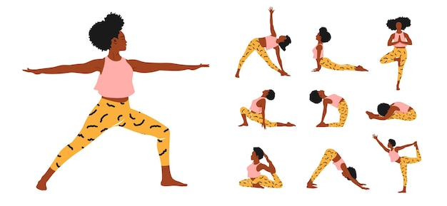 Conjunto de mujeres jóvenes afroamericanas vistiendo ropa deportiva colorida haciendo yoga