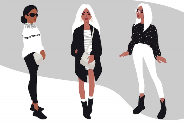 Vector conjunto de mujeres jóvenes. chicas con estilo en ropa de moda aislado en blanco.