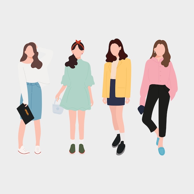 Vector conjunto de mujeres de moda joven, chicas con estilo. diseño plano. ilustración vectorial