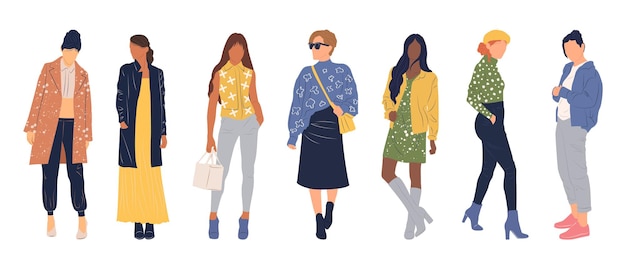 Conjunto de mujeres multiétnicas en varias prendas de vestir Colección de mujeres con estilo Ropa casual