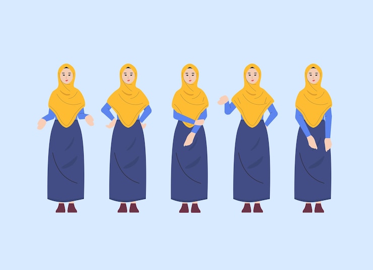 Vector conjunto de mujeres musulmanas que usan hiyab con varios gestos