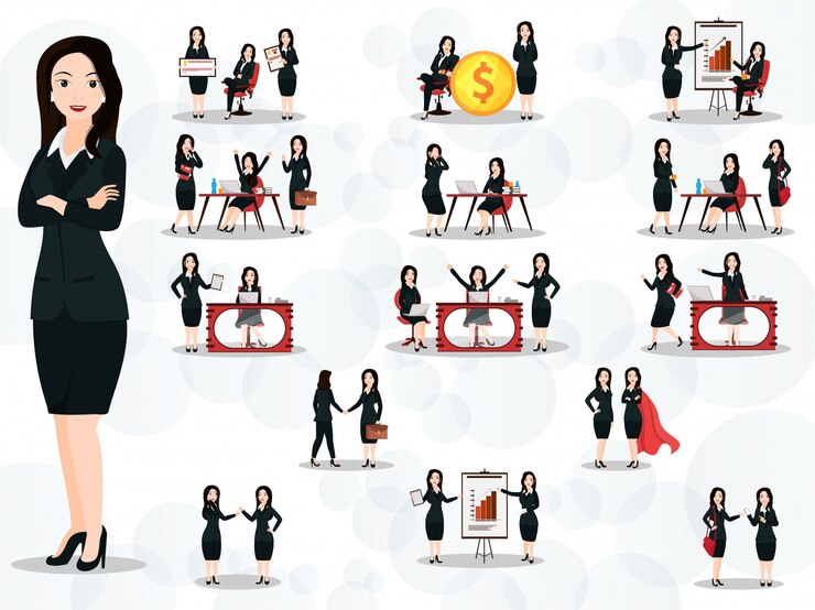 Vector conjunto de mujeres de negocios en diferentes poses de trabajo y gestos en