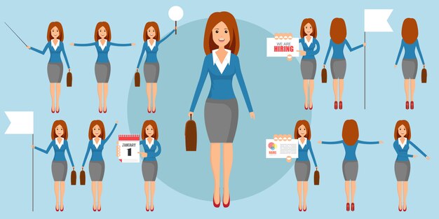 Vector conjunto de mujeres de negocios en diferentes posiciones en diseño plano