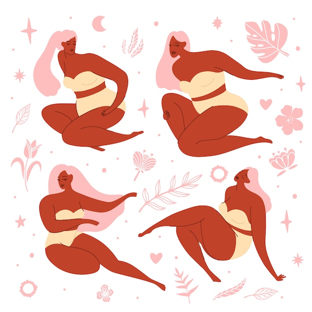 Conjunto de mujeres en poses delicadas.