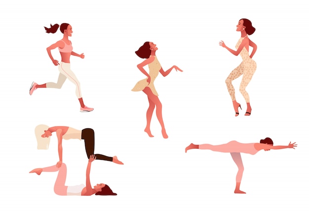 Conjunto de mujeres positivas activas felices que practican un estilo de vida saludable