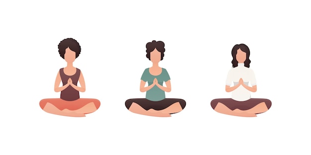 Conjunto de mujeres se sienta en la posición de loto ilustración vectorial aislado