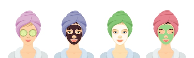 Vector conjunto de mujeres en un spa con máscaras faciales diferentes