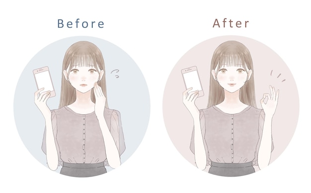 Conjunto de mujeres con teléfonos inteligentes. Mujer necesitada y mujer con signo OK.