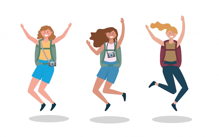 Vector conjunto de mujeres de viaje saltando con mochila y cámara