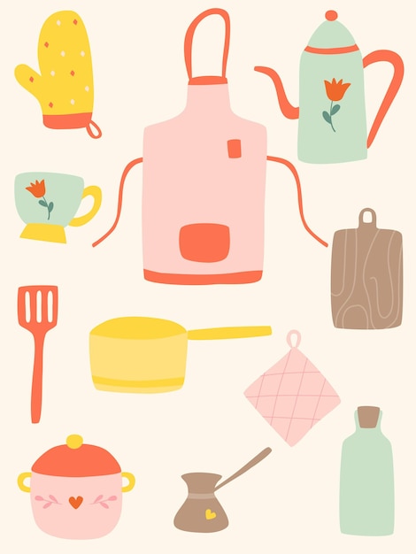 Conjunto multicolor lindo y acogedor con ilustración de vector de utensilio de cocina