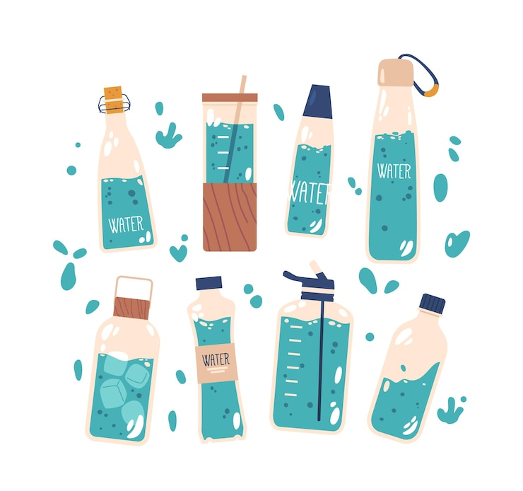 Vector conjunto de múltiples botellas de agua en varios tamaños perfecto para mantenerse hidratado onthego duradero reutilizable y conveniente para una variedad de actividades como fitness o deporte ilustración vectorial de dibujos animados