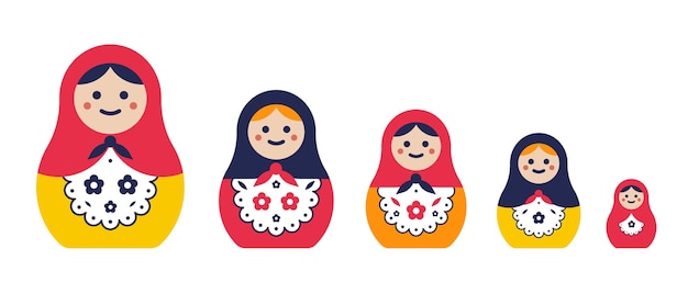 Conjunto de muñeca de anidación tradicional. Matrioskas de colores simples de diferentes tamaños. ilustración vectorial plana.