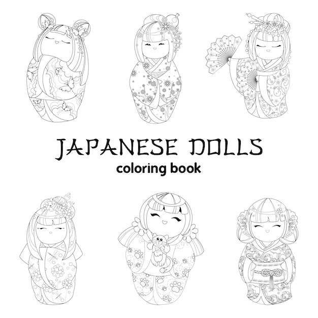 Un conjunto de muñecas kokeshi japonesas para colorear.