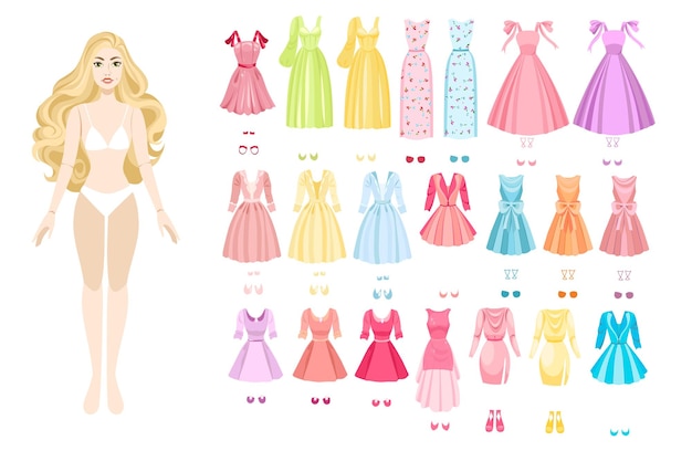 Conjunto de muñecas de moda con diferentes vestidos coloridos.