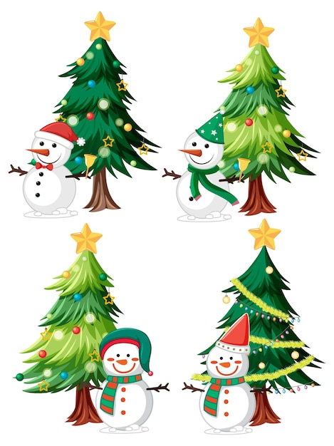 Conjunto de muñeco de nieve bajo el árbol de Navidad aislado